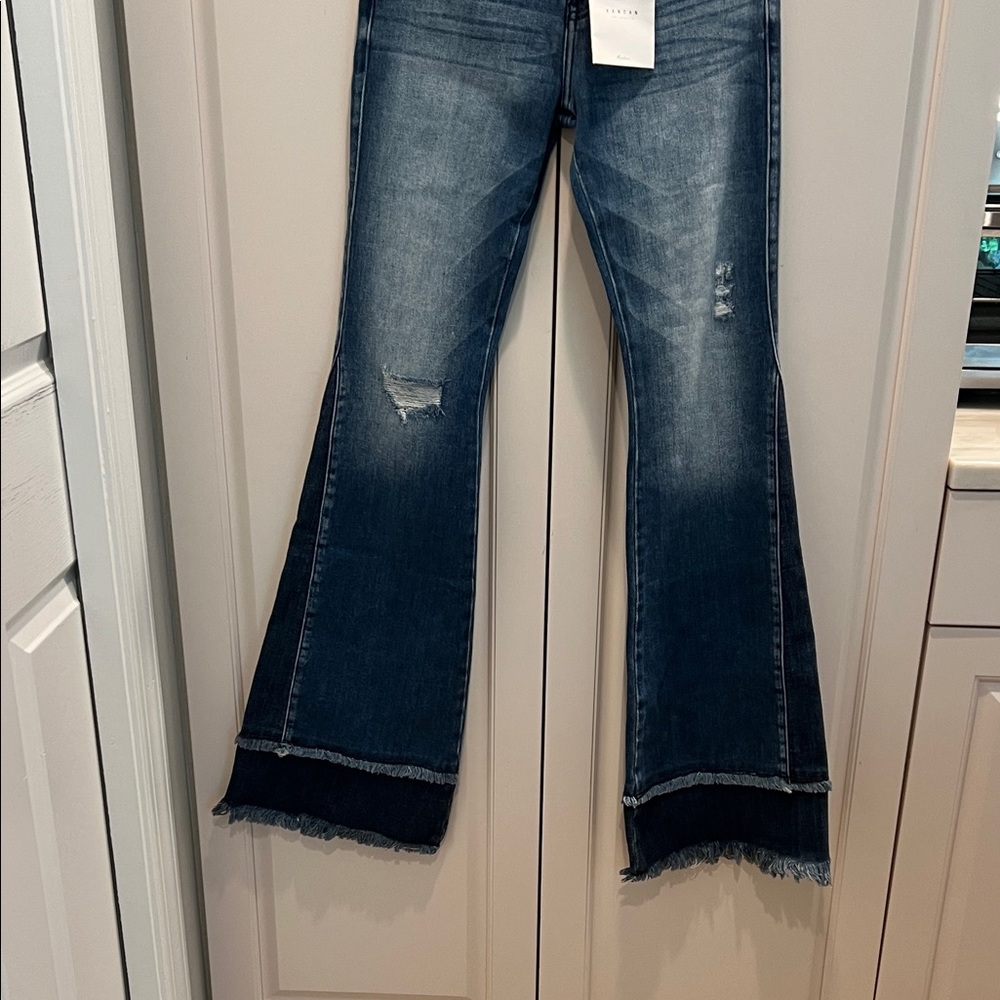 KanCan Dark Blue High-Rise Flare Jeans with Frayed Hem 24/32 - Picture 2 of 13